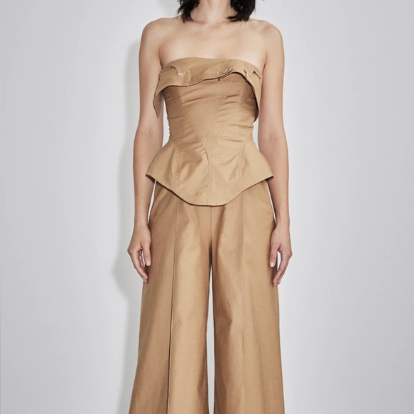 Tan Wide Leg Jumpsuit with Belted Waist - Picture 1 of 3